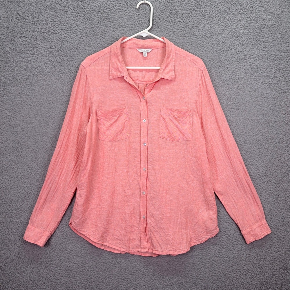 Lucky Brand Top Womens L Coral Pink Linen Blend Button Lightweight Beachy